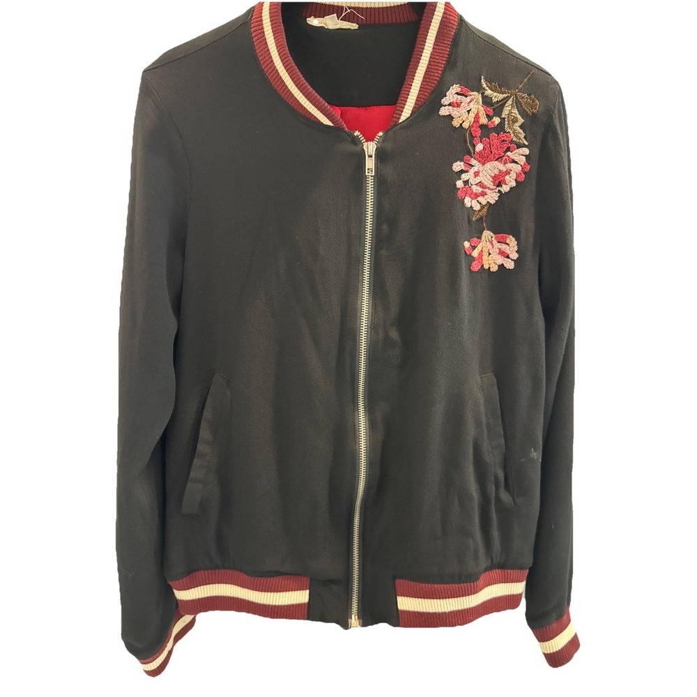 Mystree‎ ball jacket women's size S Black Embroidered Floral Humming Bird Art
